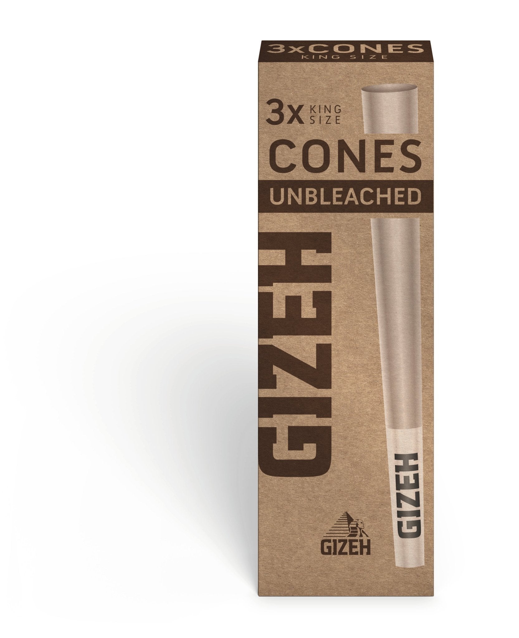 GIZEH Unbleached Cones + Tip 3er King Size, naturbraune Premium-Cones, ungebleicht, frontal fotografiert