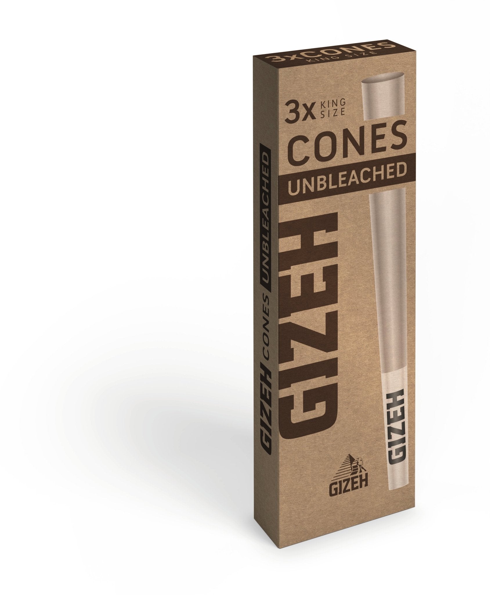 GIZEH Unbleached Cones + Tip King Size, braune 3er Packung, seitlich fotografiert