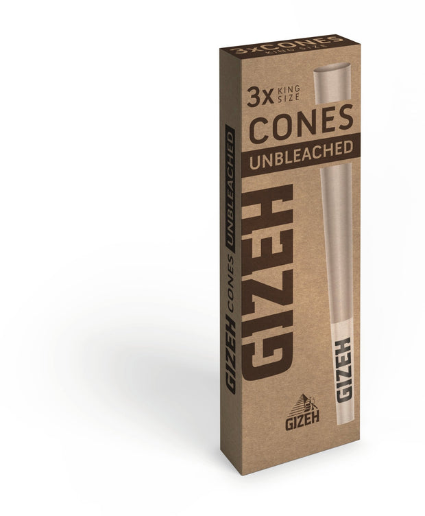 GIZEH Unbleached Cones + Tip King Size, braune 3er Packung, seitlich fotografiert
