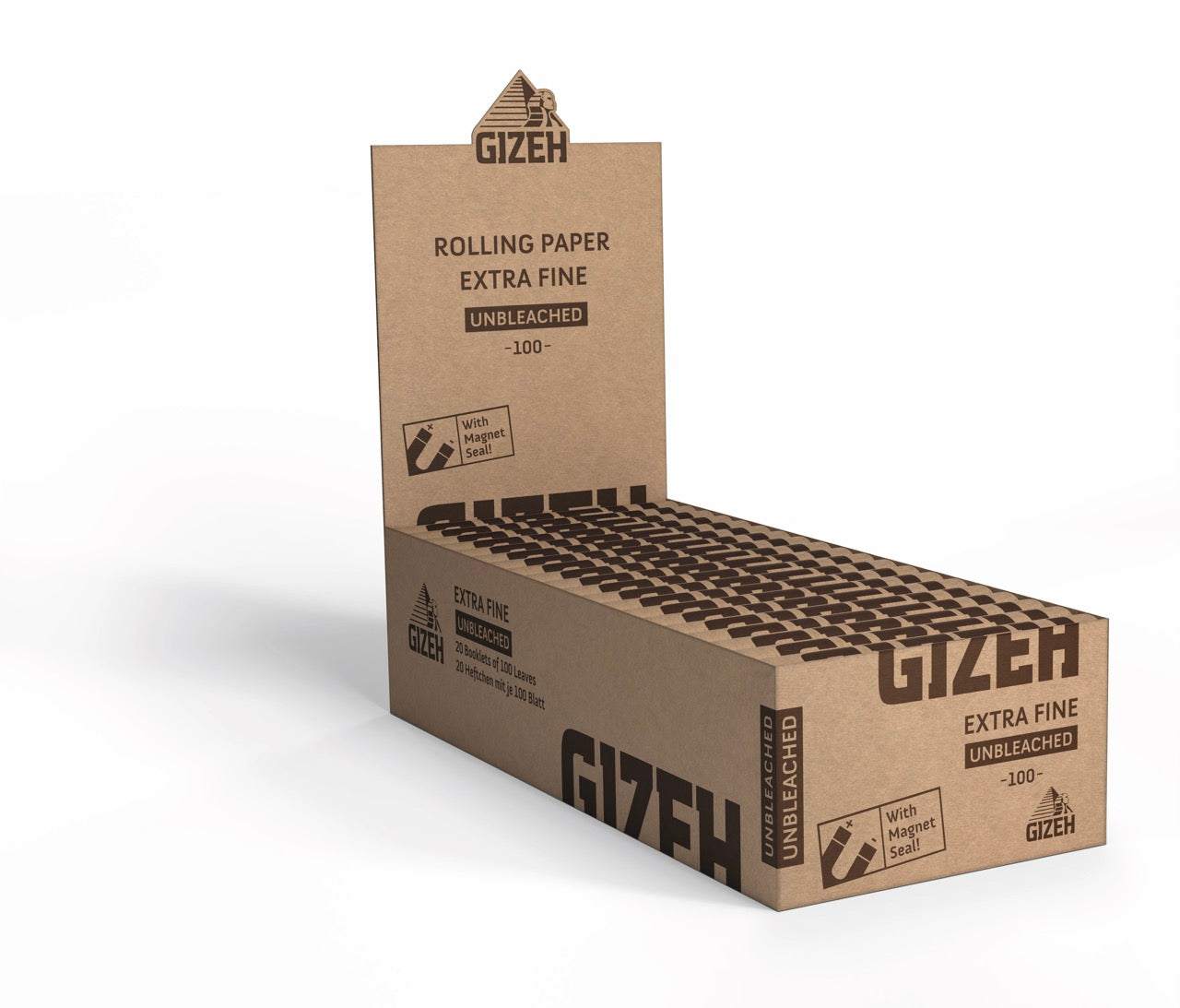 Karton mit 20 Packungen GIZEH Unbleached Extra Fine Blättchen, Vorrat, seitlich fotografiert