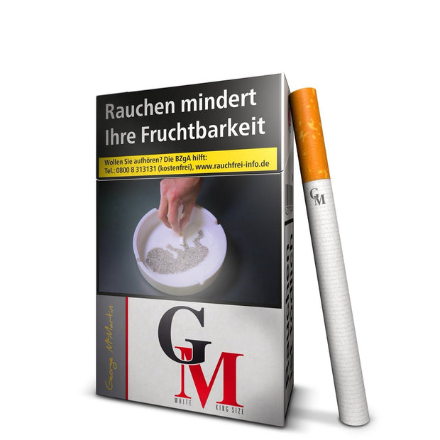 GM White Zigaretten Schachtel leicht seitlich mit angelehnter Zigarette