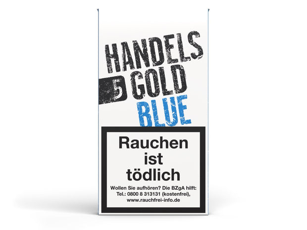 Handelsgold Blue 207 Zigarillos Packung frontal mit 5 schokoladigen Zigarillos