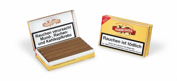 Handelsgold Königsformat 100 Zigarillos – Seitenansicht der klassischen Zigarillo-Packung geöffnet