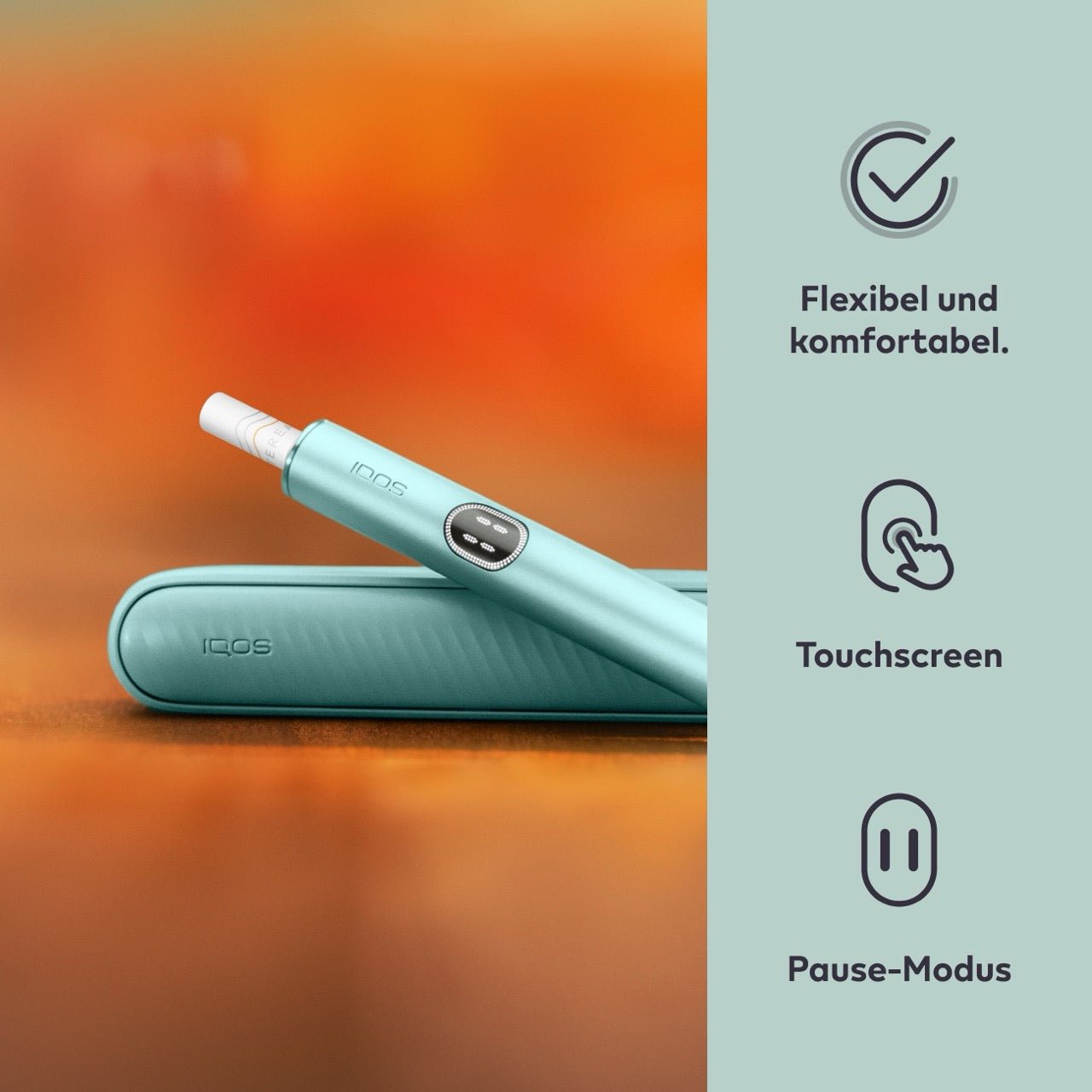 IQOS ILUMA i Breeze Blue – Geräte auf Tisch mit Icons zu Touchscreen und Pause-Modus