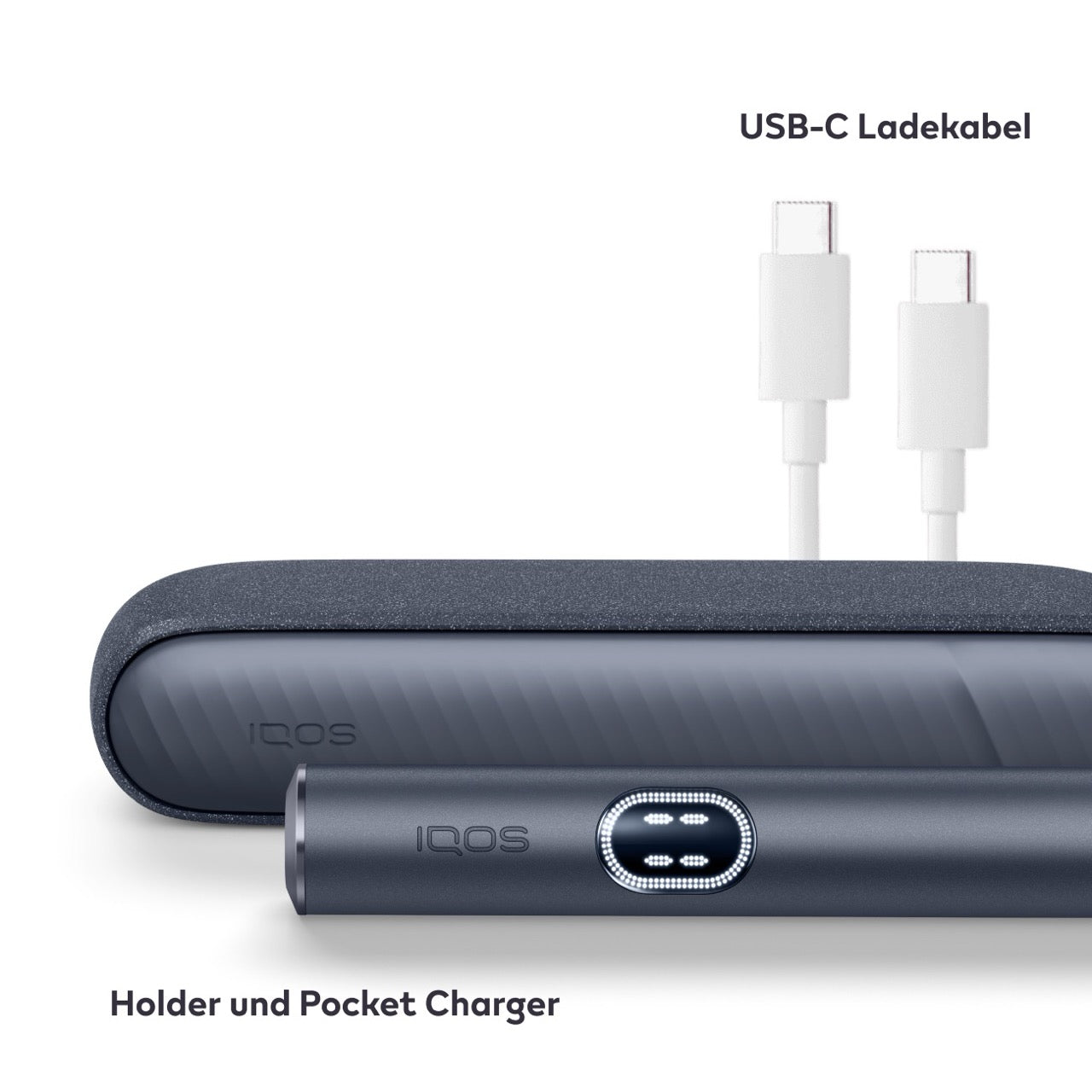 IQOS ILUMA i – Holder und Charger liegend mit USB-C Ladekabel im Hintergrund