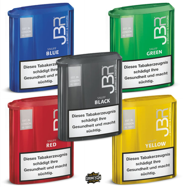 JBR Snuff Probierset mit fünf 10g Boxen in Schwarz, Blau, Grün, Rot und Gelb