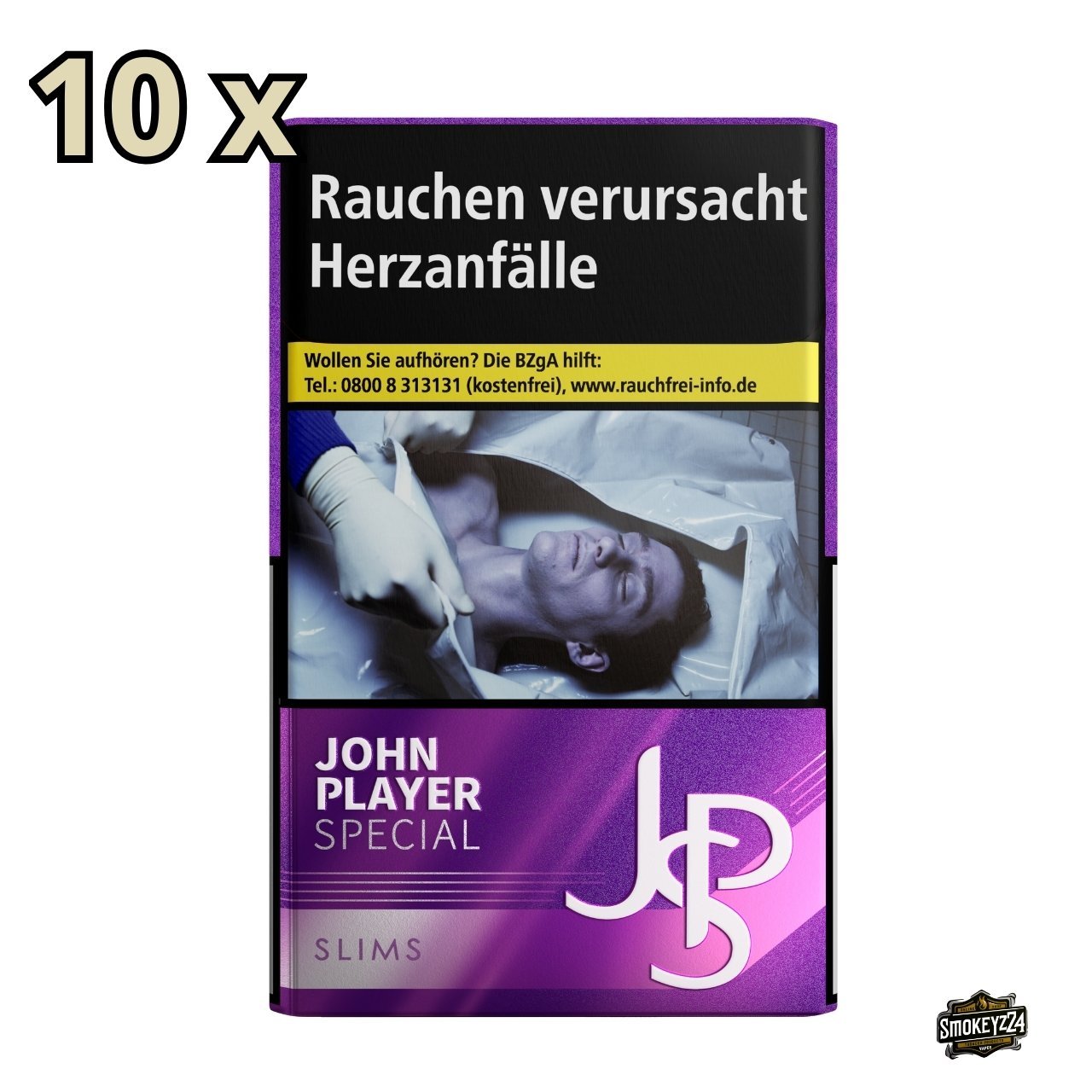 JPS Slims Zigaretten Purple Stange 10x20 – lila Slim-Schachtel mit Warnhinweis und 10x Hinweis für Stangenangebot