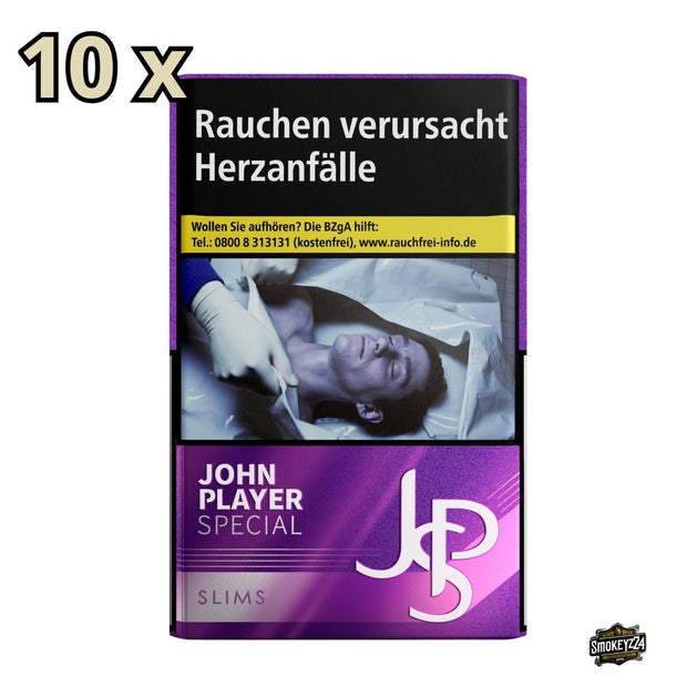 JPS Slims Zigaretten Purple Stange 10x20 – lila Slim-Schachtel mit Warnhinweis und 10x Hinweis für Stangenangebot