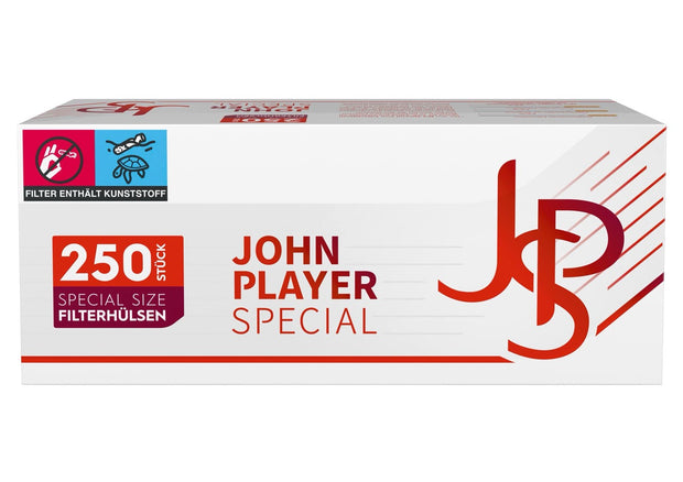 Packung mit 250 JPS Red Special Zigarettenhülsen in roter Verpackung mit weißem JPS-Logo
