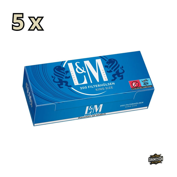 L&M Blue Label Hülsen – Verpackung frontal mit blauem Design und Hinweis auf 200 Stück