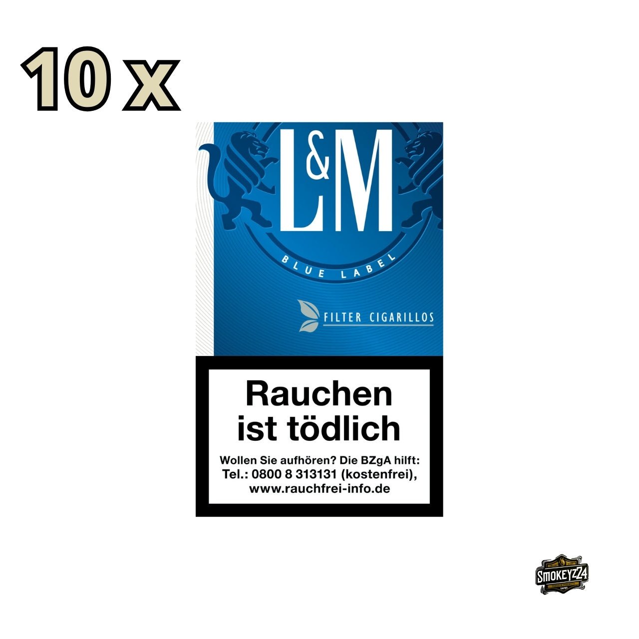 L&M Filter Cigarillos Blue – 10x17 Zigarillos in geöffneter Pappverpackung, frontal fotografiert
