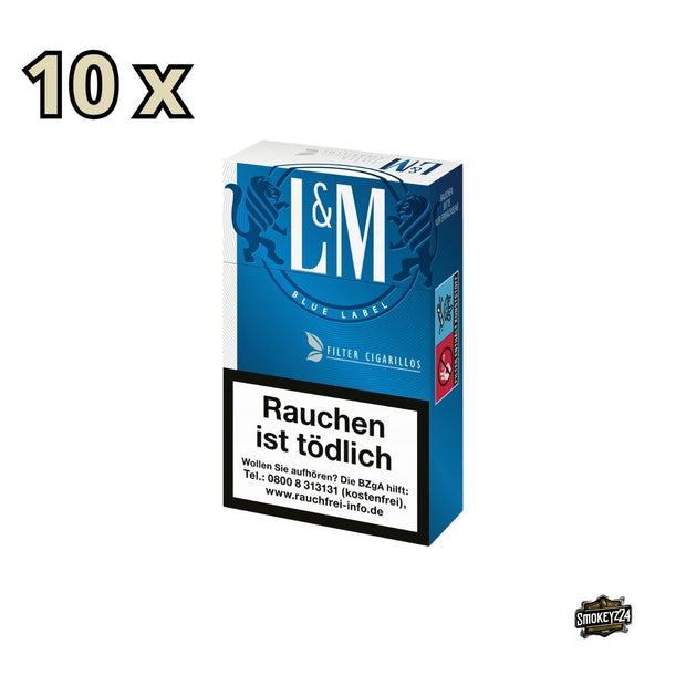 L&M Blue Filter Zigarillos – 10er-Stange mit Verpackung leicht seitlich aufgenommen