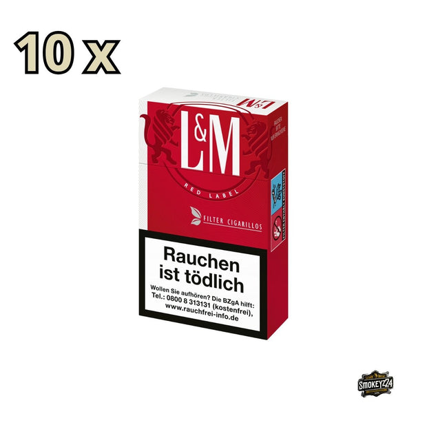 L&M Red Filter Zigarillos – Stange mit 10 Packungen leicht seitlich fotografiert
