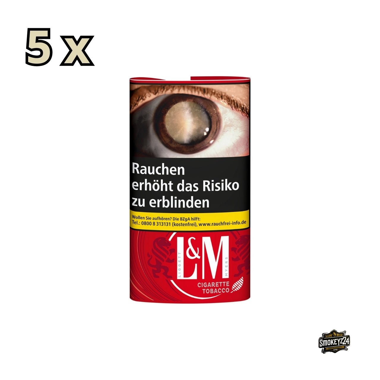 L&M Cigarette Tobacco Red – Drehtabak 5x30 g Vorratspack frontal mit Markenlogo