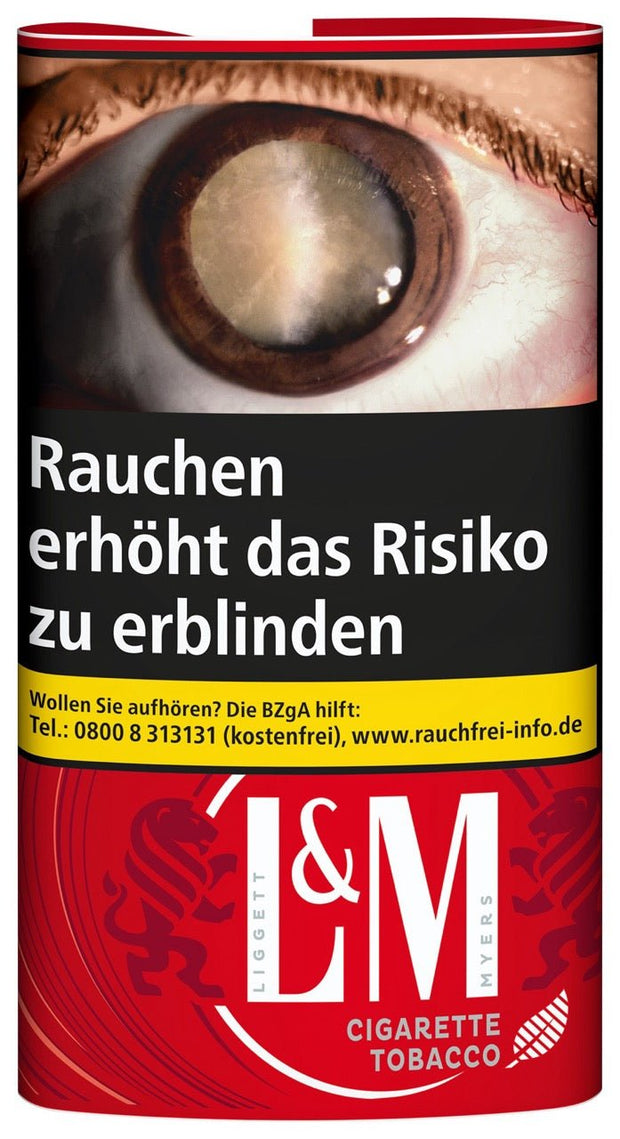 L&M Cigarette Tobacco Red – 30 g Drehtabak Pouch frontal mit Markenlogo und Tabakhinweis