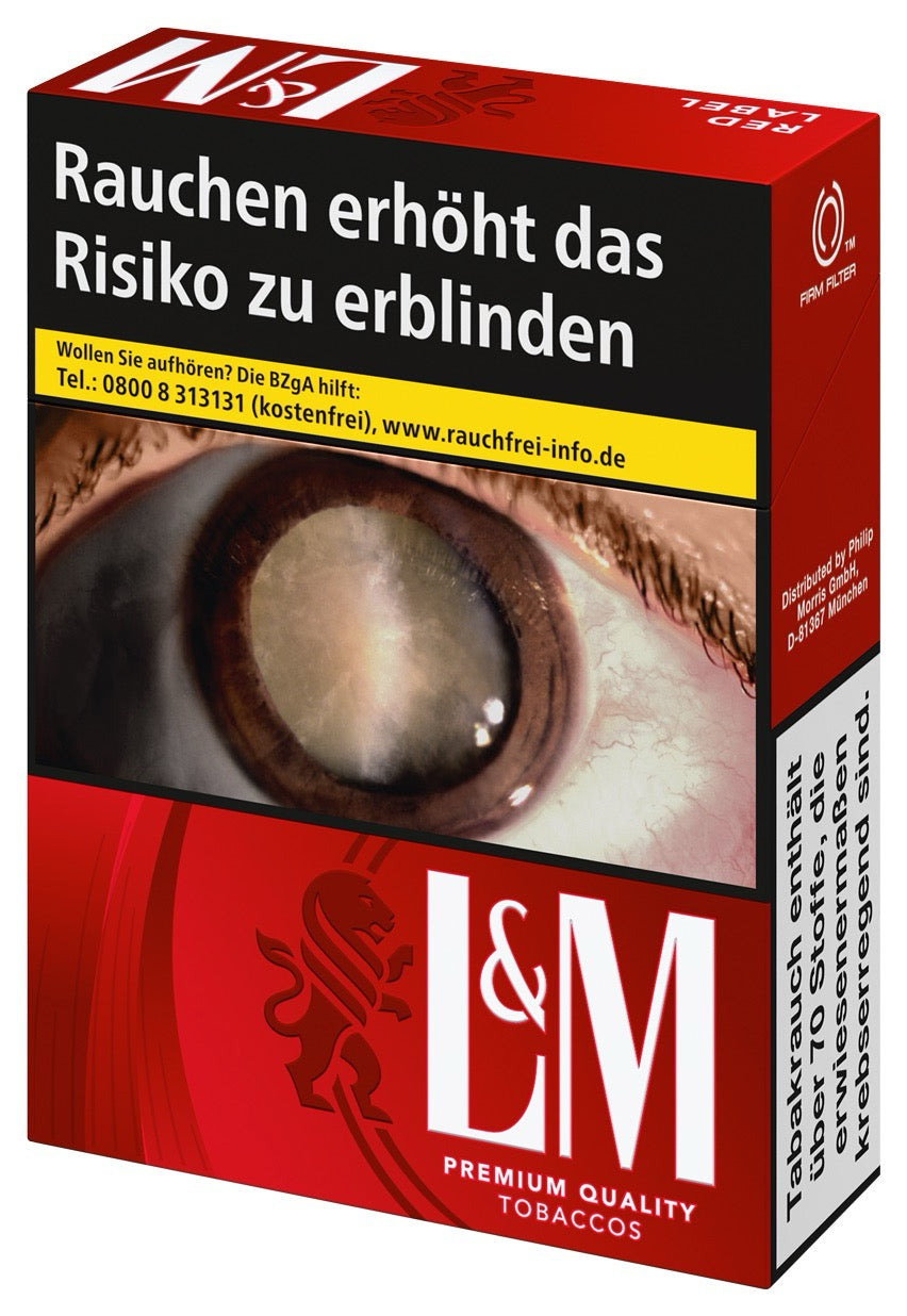 L&M Red XL – Zigarettenschachtel leicht seitlich fotografiert