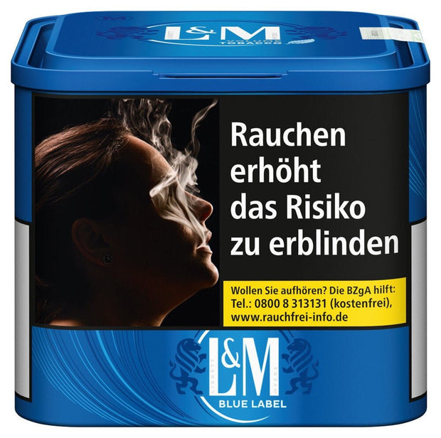 L&M Blue Volumentabak 41g – blaue Dose frontal mit Sortenkennzeichnung