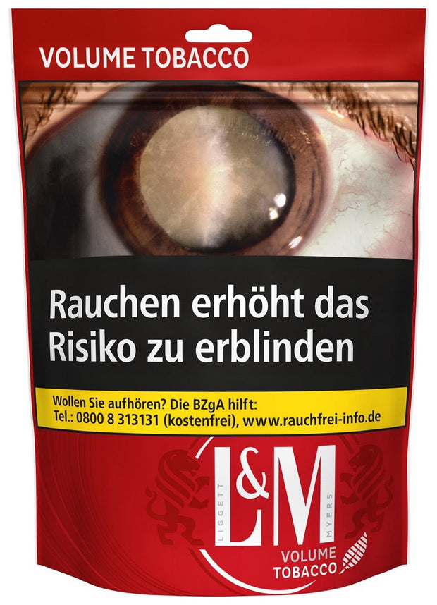L&M Red Volumentabak 90g Beutel – frontal fotografiert, deutlich sichtbares L&M Logo und Beutelgröße