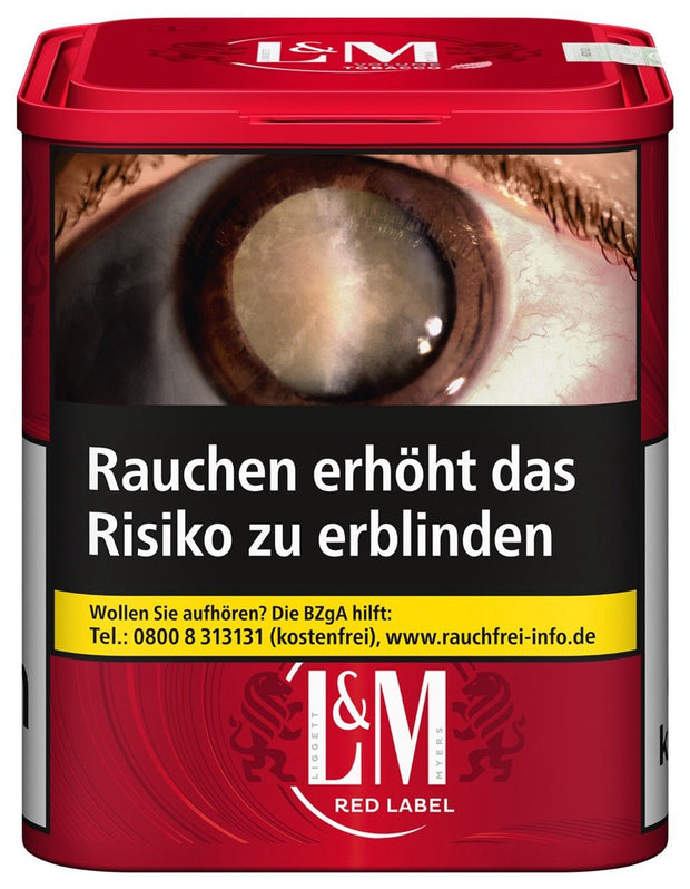 L&M Red Volumentabak 80g Dose – frontal fotografiert, typisches Rotdesign mit Tabakinformationen