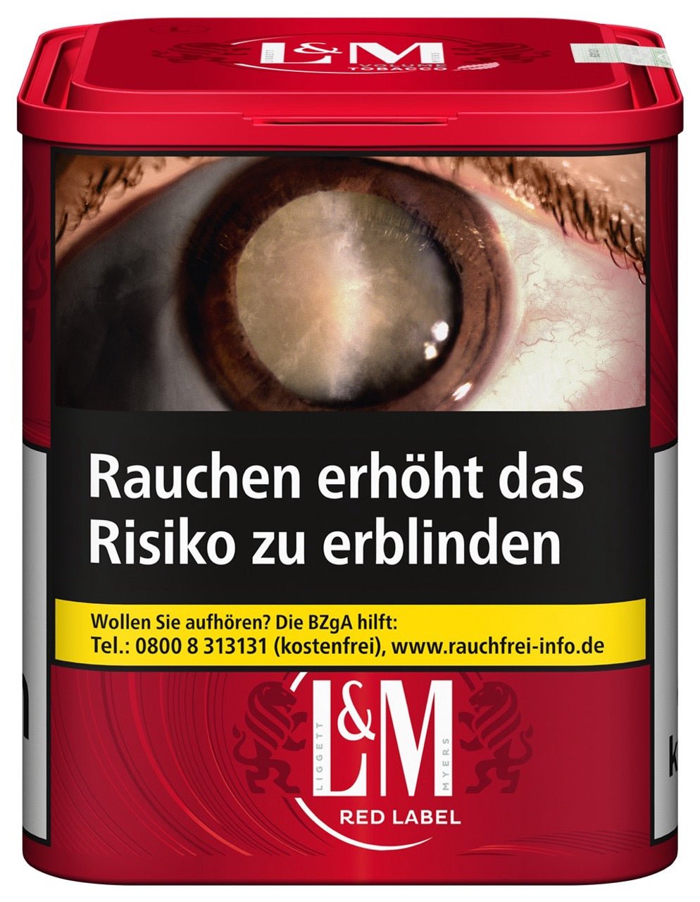 L&M Red Volumentabak 80g Dose – frontal fotografiert, typisches Rotdesign mit Tabakinformationen