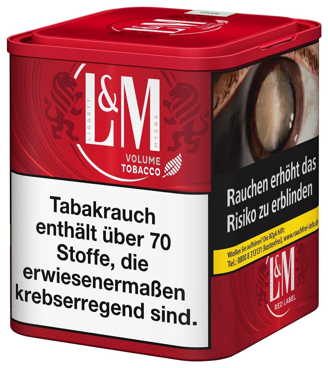 L&M Red Volumentabak 80g Dose – leicht seitlich aufgenommen, L&M Branding gut sichtbar
