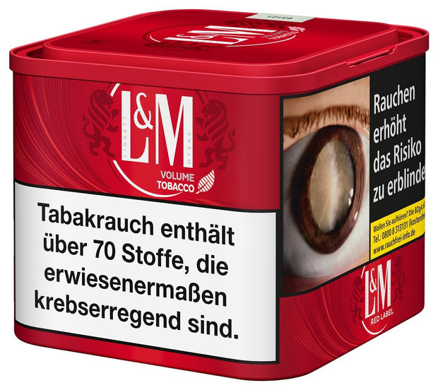L&M Red Volumentabak – 41g Dose leicht seitlich aufgenommen, typisches L&M Branding