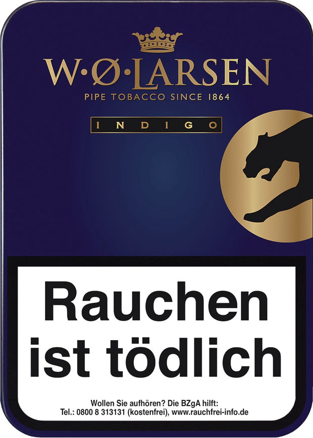 W. O. Larsen Indigo Pfeifentabak 100g Dose – dänische Mischung mit Burley, Cavendish, Virginia, dezent aromatisiert mit Honig, Vanille, Pflaume