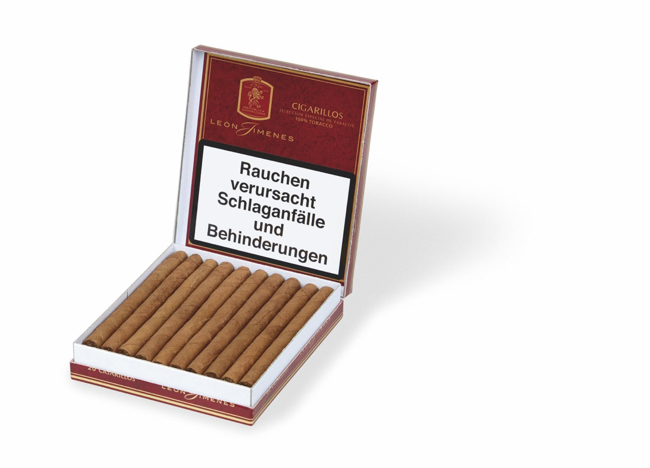 Geöffnete Schachtel León Jimenes Cigarillos – 20 milde Zigarillos im eleganten Connecticut Shade-Deckblatt.