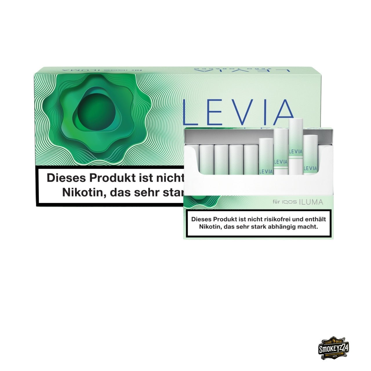 LEVIA Alpine – geöffnete Schachtel vor 10x Stange, Nikotinsticks für IQOS ILUMA, Menthol & Pfefferminze