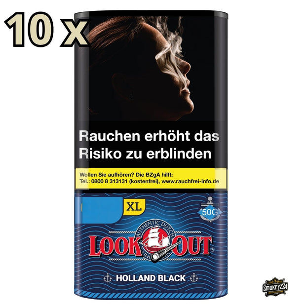 Look Out Holland Black Zware Shag – 10x50g Pouches, Packung frontal mit 10x Hinweis