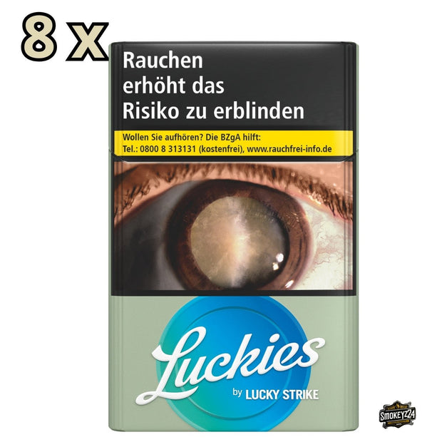 Luckies by Lucky Strike Blue Zigaretten Stange 8x23 - Schachtel frontal mit 8x23 Hinweis