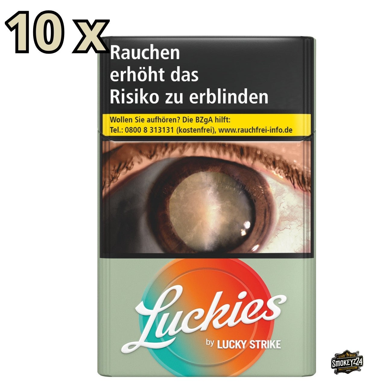 Luckies by Lucky Strike Red Zigaretten Stange 10x20 – Schachtel frontal mit 10x20 Hinweis