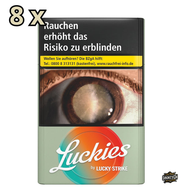 Luckies by Lucky Strike Red Zigaretten Stange 8x23 – Schachtel frontal mit 8x23 Hinweis