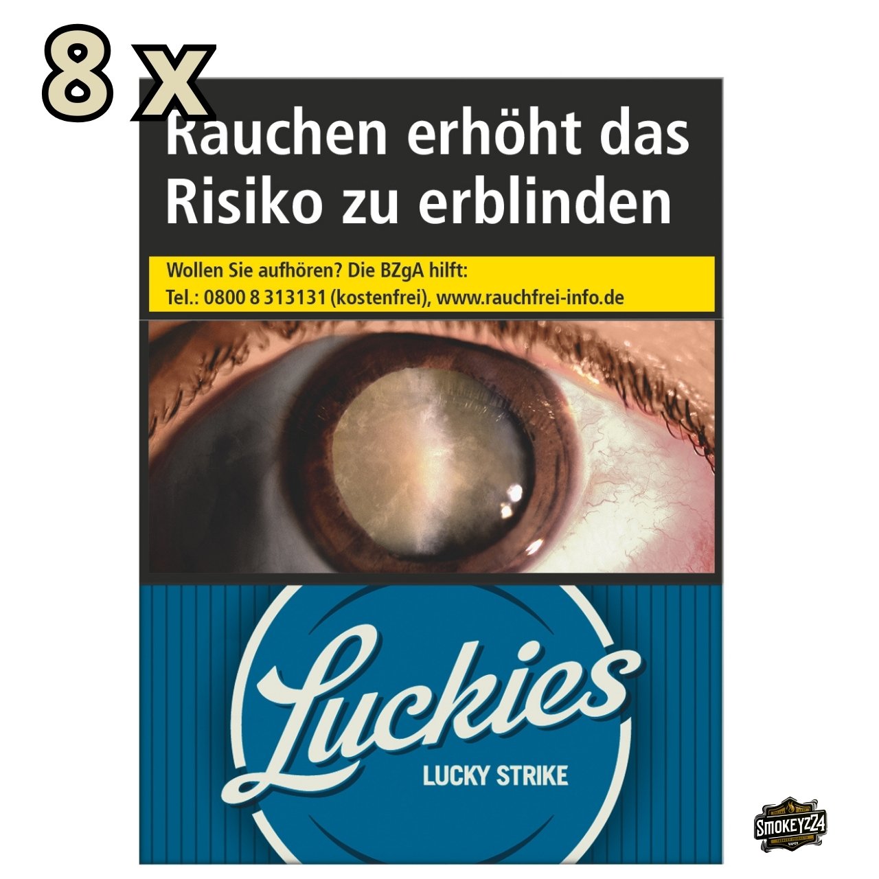 Luckies Crafted 1871 Blue Giga – Schachtel frontal mit 8x27 Hinweis