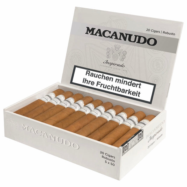 Macanudo Inspirado White Robusto Zigarren 20er-Kiste, goldbraunes Connecticut-Deckblatt, cremig-mild, süß-würzige Aromen.