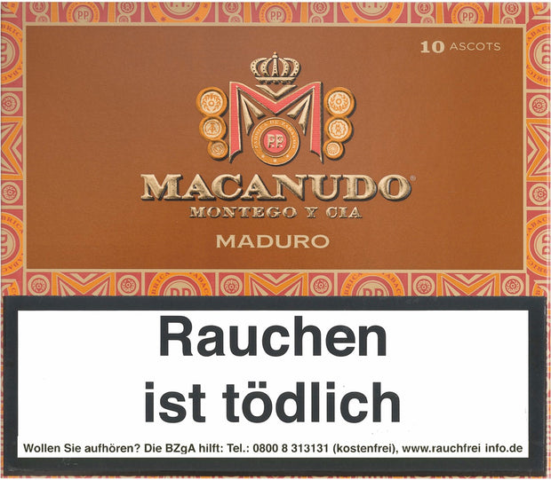 Macanudo Maduro Ascots Zigarren 10er-Dose, handgefertigt, Connecticut-Broadleaf, mittelkräftig, süß und würzig.