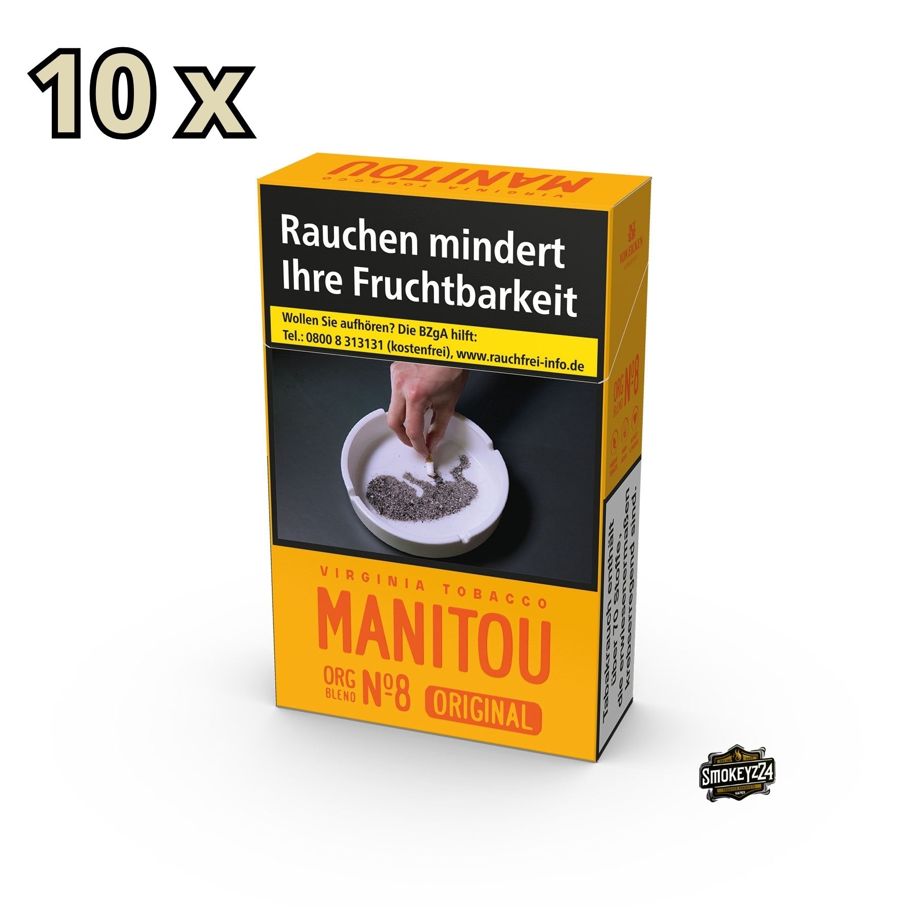 Manitou Gold No. 8 Zigaretten Stange – 10 Packungen à 20 Stück – Bio-Virginia-Tabak ohne Zusatzstoffe