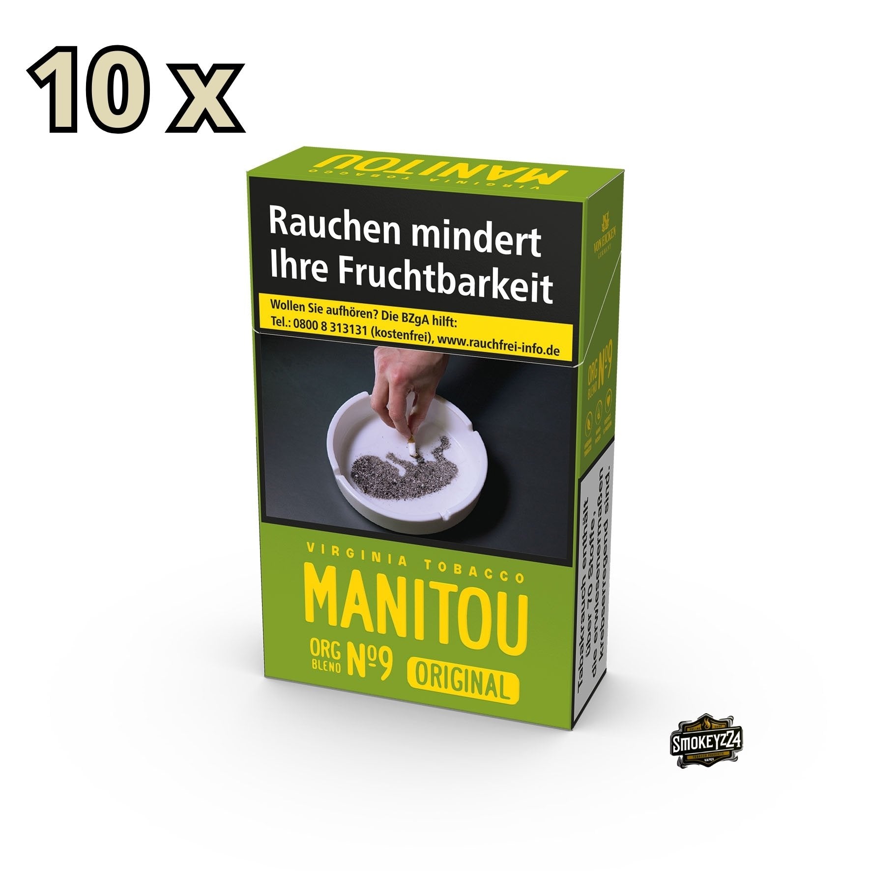 Manitou Green No. 9 Zigaretten Stange – 10 Packungen à 20 Stück – kräftige Bio-Zigaretten ohne Zusatzstoffe