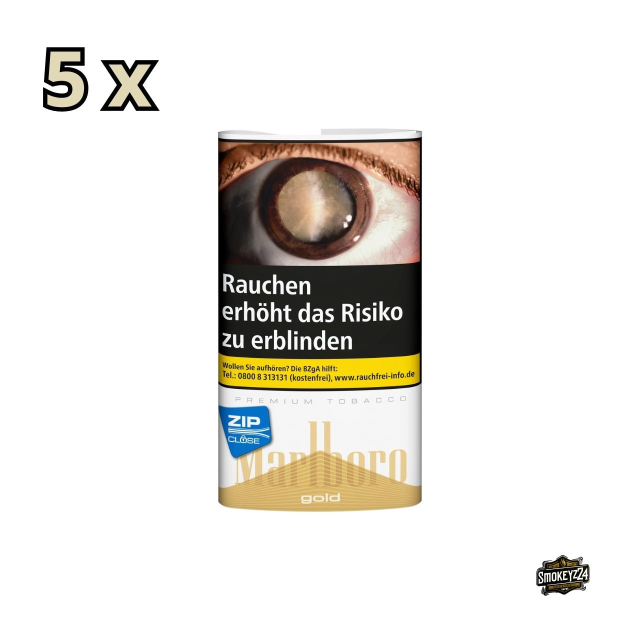 5er Pack Marlboro Gold Drehtabak – Premium Feinschnitt im wiederverschließbaren Pouch, frontal dargestellt