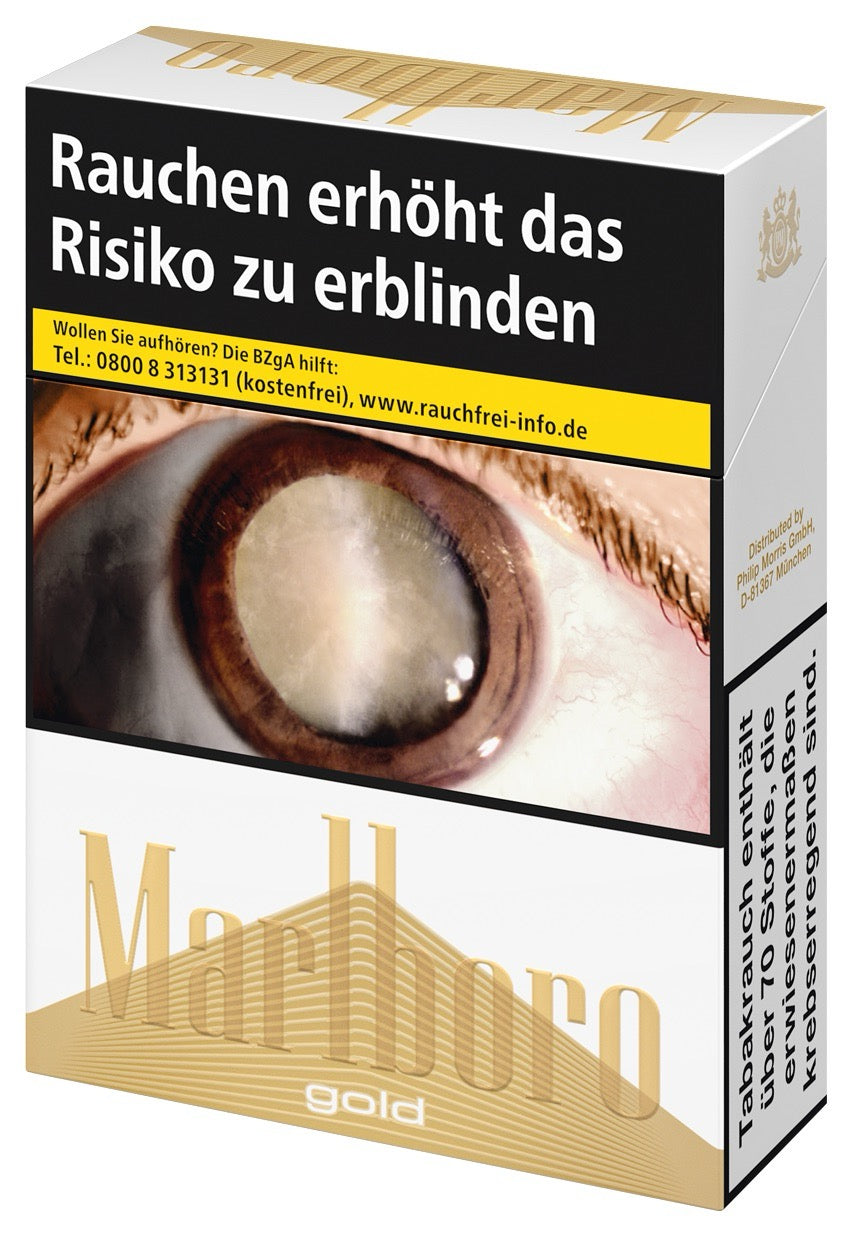 Marlboro Gold Zigaretten XL – leicht seitlich dargestellte Verpackung mit Gold-Design