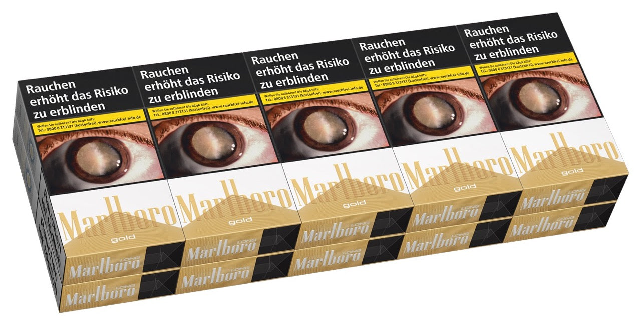 Marlboro Gold Long Zigaretten – Stange mit 10x20 Stück im 100er-Format, frontal fotografiert