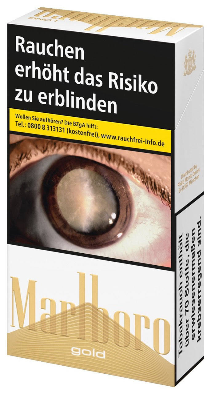 Marlboro Gold Long Zigaretten – Schachtel leicht seitlich fotografiert mit 100 mm Formatkennzeichnung