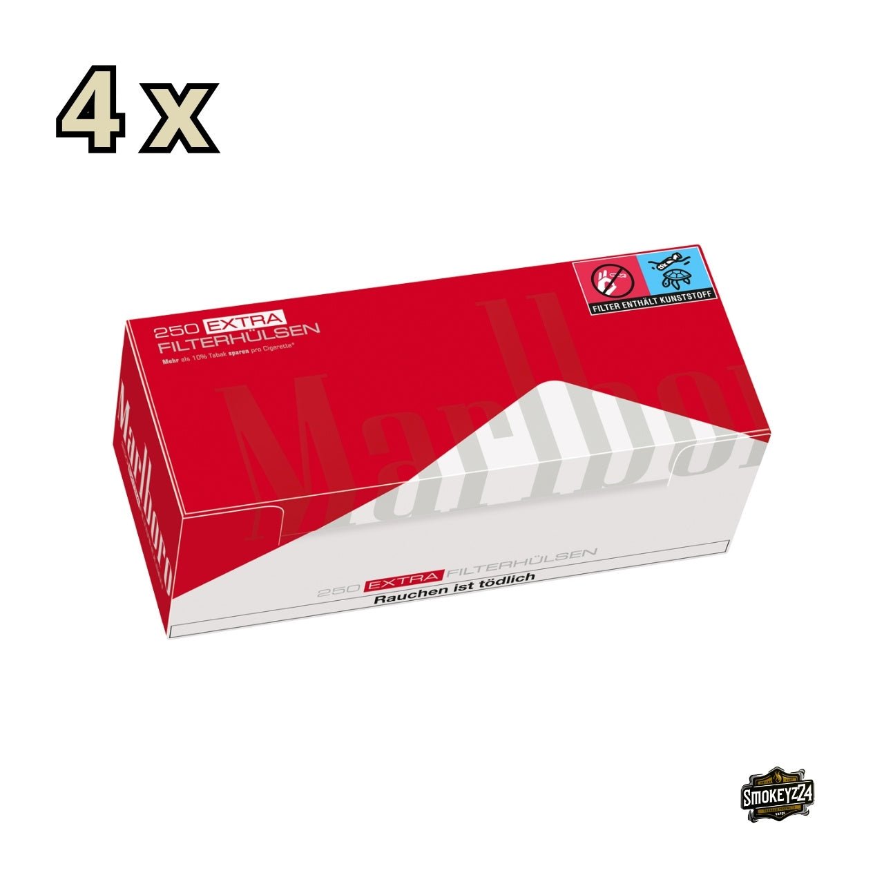 Marlboro Red Extra Filterhülsen – Verpackung leicht gedreht mit rotem Logo sichtbar