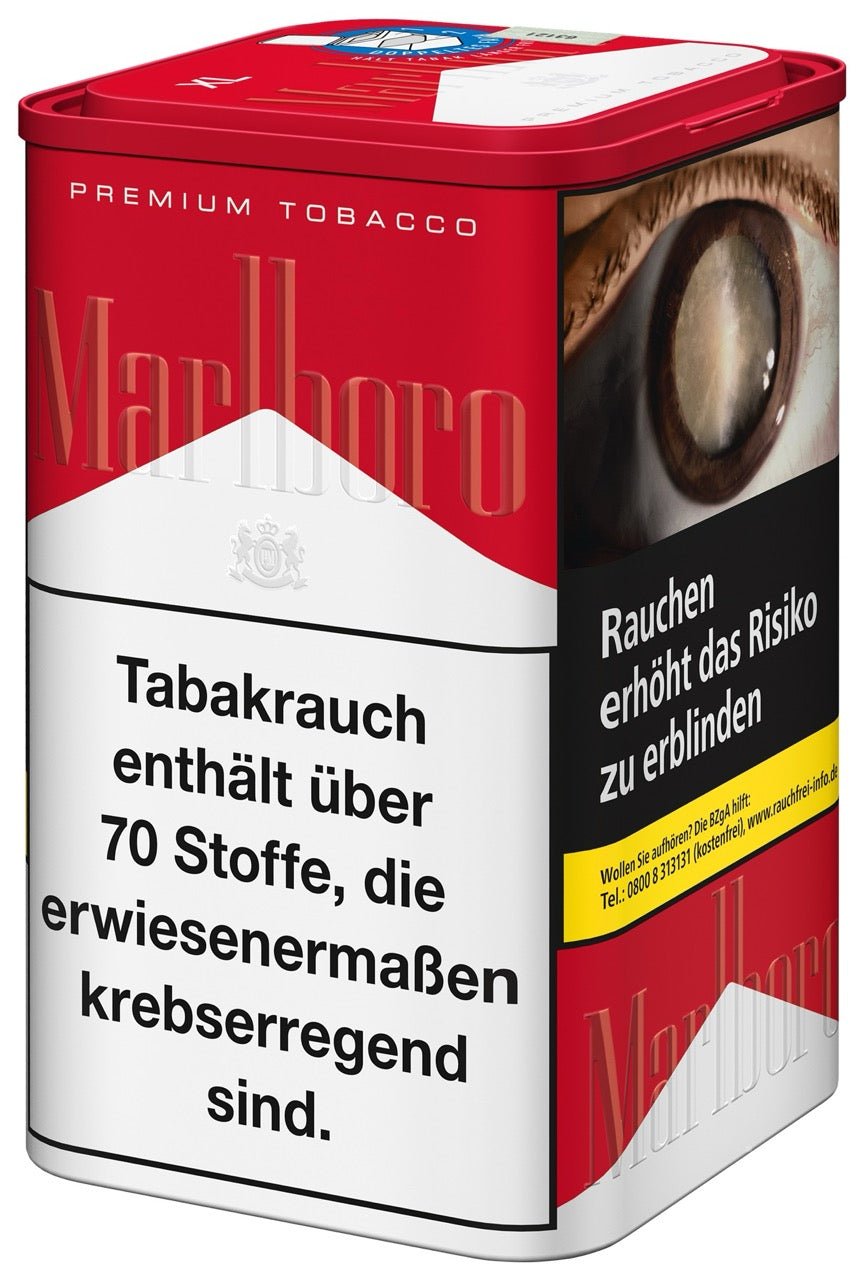 Marlboro Red Tabakdose XL – 145g leicht seitlich fotografiert