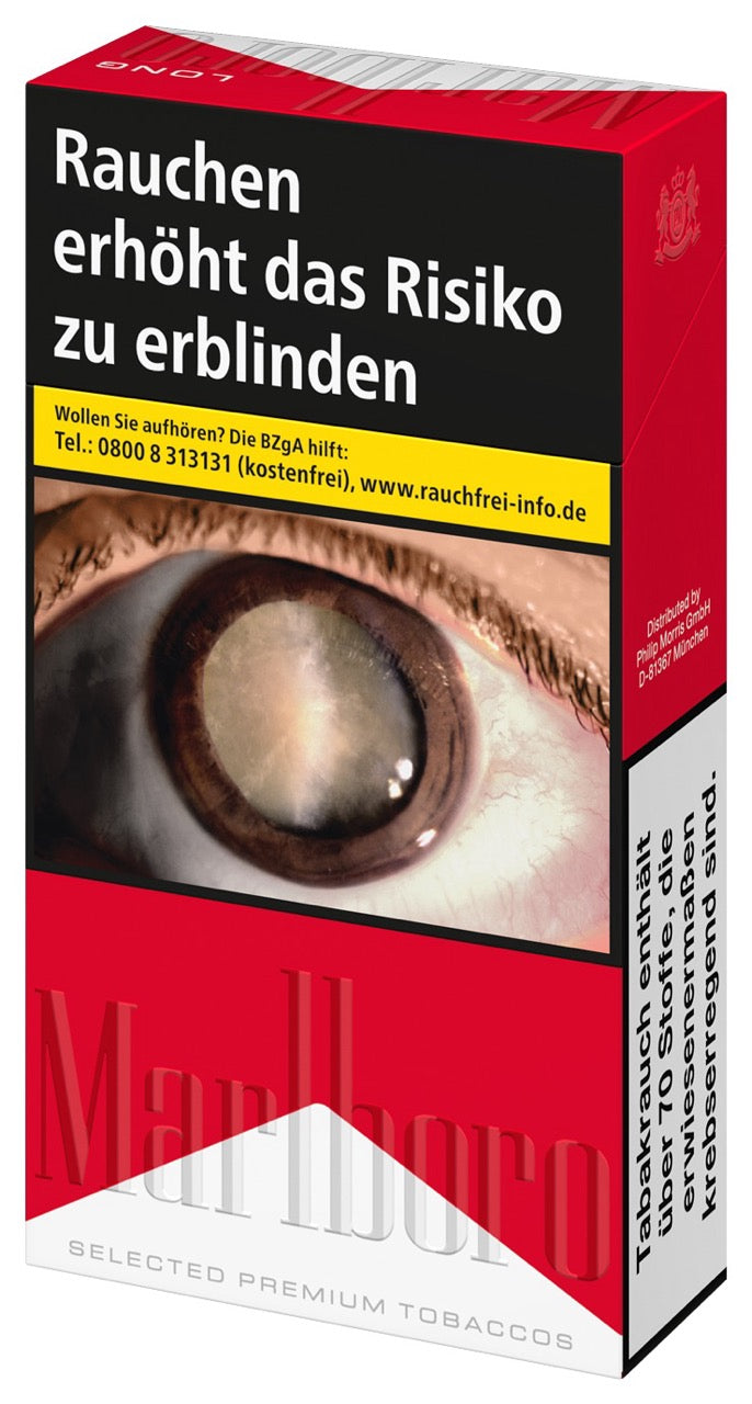 Marlboro Red Long Zigaretten – seitlich aufgenommene Packung im 100er-Format, rote Marlboro-Variante