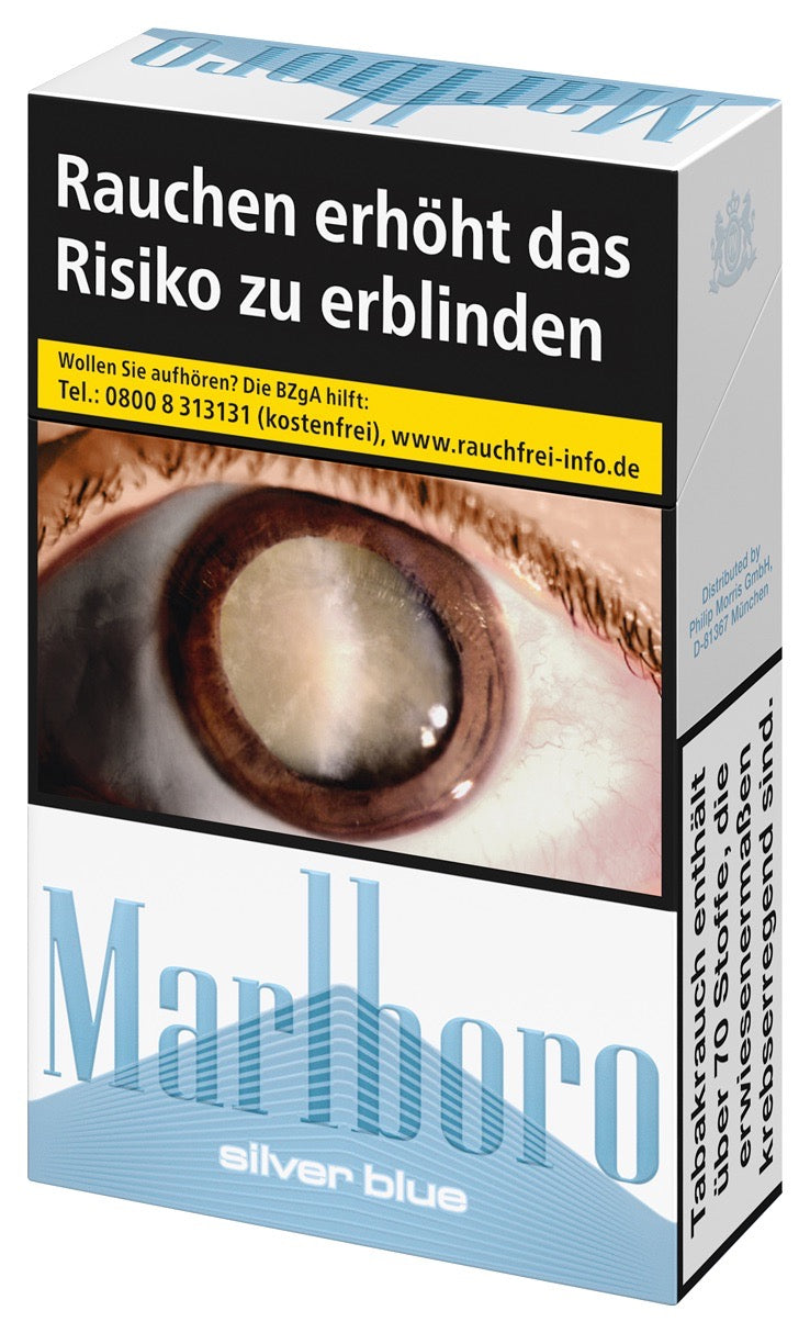 Marlboro Silver Blue Zigaretten – silber-blaue Einzelpackung leicht seitlich abgebildet