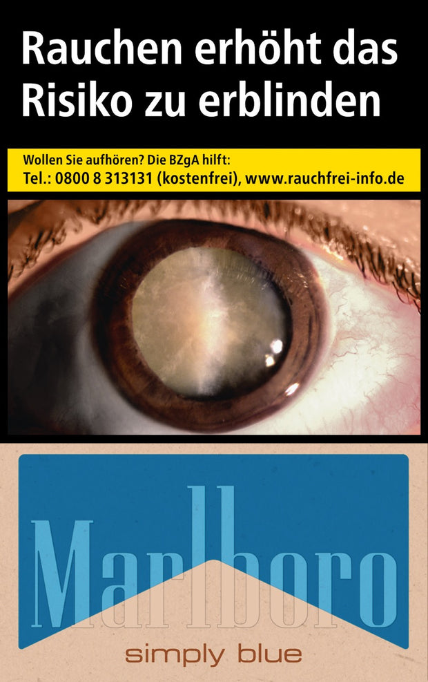 Marlboro Simply Blue Zigaretten – einzelne Packung ohne Zusatzstoffe in Blau-Weiß, frontal fotografiert