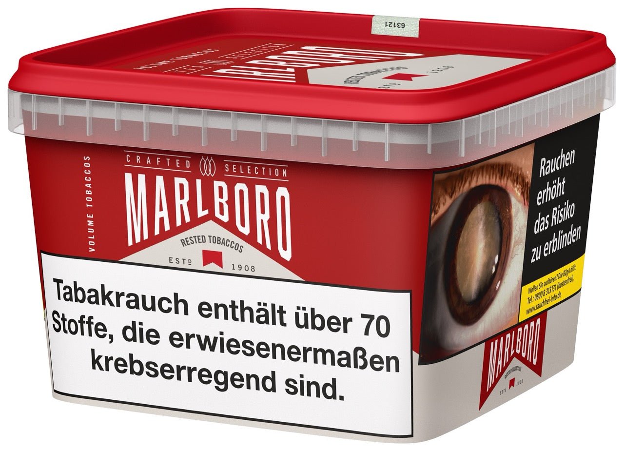 Marlboro Crafted Selection Volumentabak 230g Eimer – seitlich gedreht, zeigt Verpackungstiefe und Tabakdetails