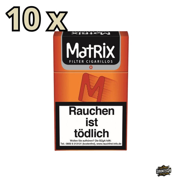 Matrix Orange Filterzigarillos – Schachtel frontal mit 10x-Hinweis, King Size 84 mm, Naturdeckblatt