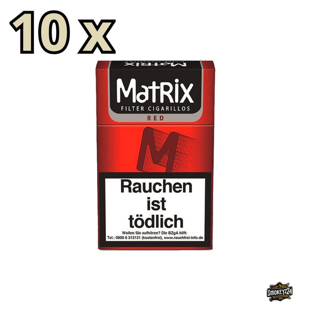 Matrix Red Filter Cigarillos – Schachtel frontal mit 10x Hinweis, King Size ca. 84–85 mm, Naturdeckblatt